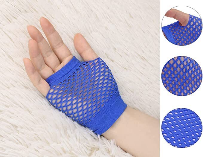 12 Pair Fishnet Gloves Fingerless Wrist Length 70s 80s Costume Party Bulk - Blue 3