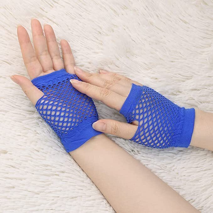 12 Pair Fishnet Gloves Fingerless Wrist Length 70s 80s Costume Party Bulk - Blue 5