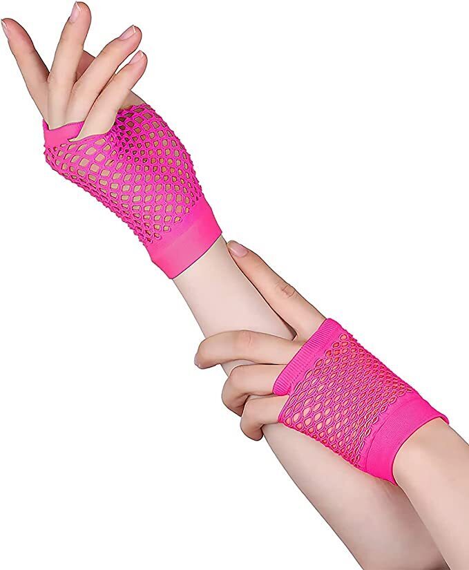 12 Pair Fishnet Gloves Fingerless Wrist Length 70s 80s Costume Party - Hot Pink 4