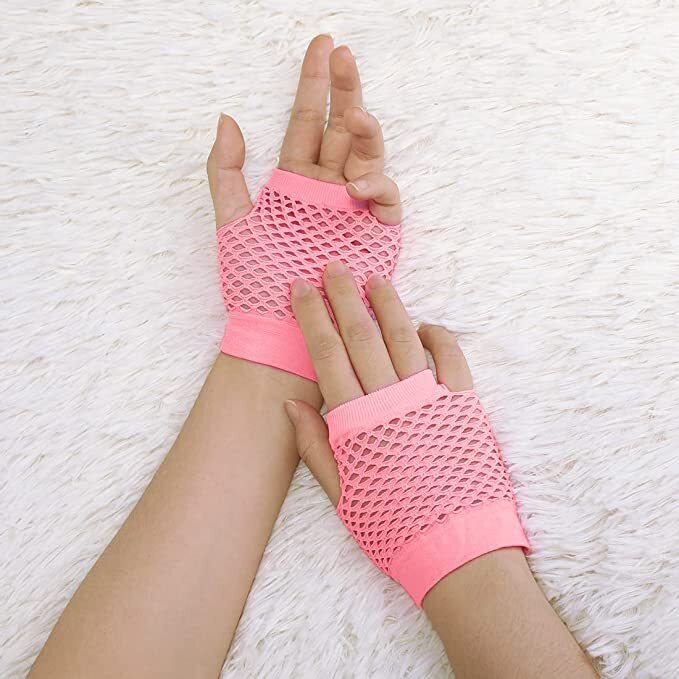 12 Pair Fishnet Gloves Fingerless Wrist Length 70s 80s Costume Party -Light Pink 3
