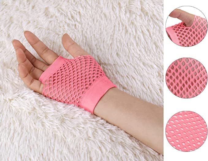 12 Pair Fishnet Gloves Fingerless Wrist Length 70s 80s Costume Party -Light Pink 5