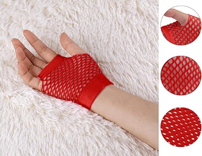 12 Pair Fishnet Gloves Fingerless Wrist Length 70s 80s Costume Party Bulk - Red 5