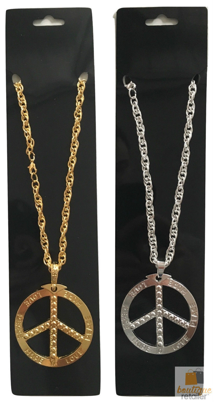 PEACE Sign Metal Necklace Chain Hippie Costume Party Pendant Chain Jewellery 70s 60s - Silver 4