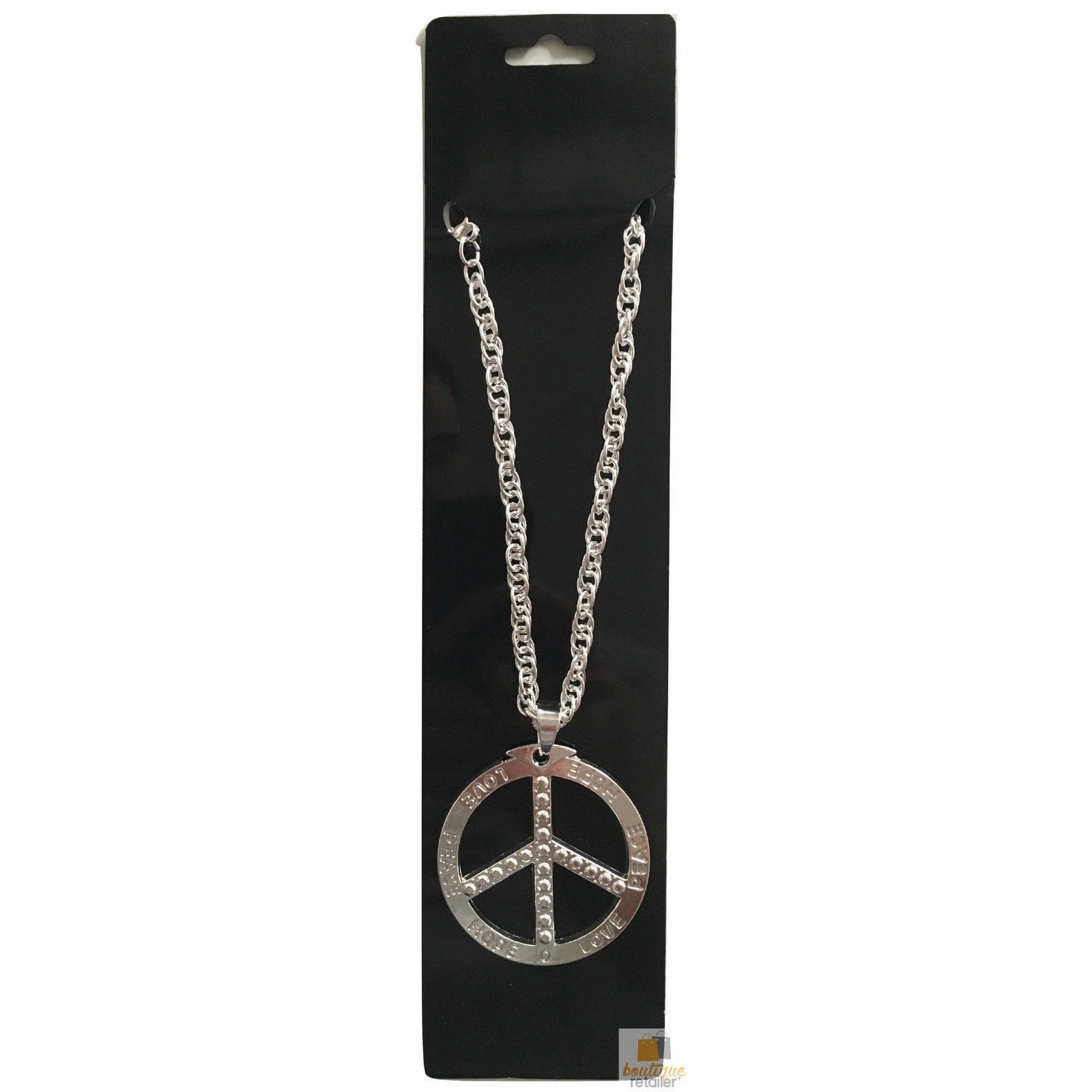 PEACE Sign Metal Necklace Chain Hippie Costume Party Pendant Chain Jewellery 70s 60s - Silver 5