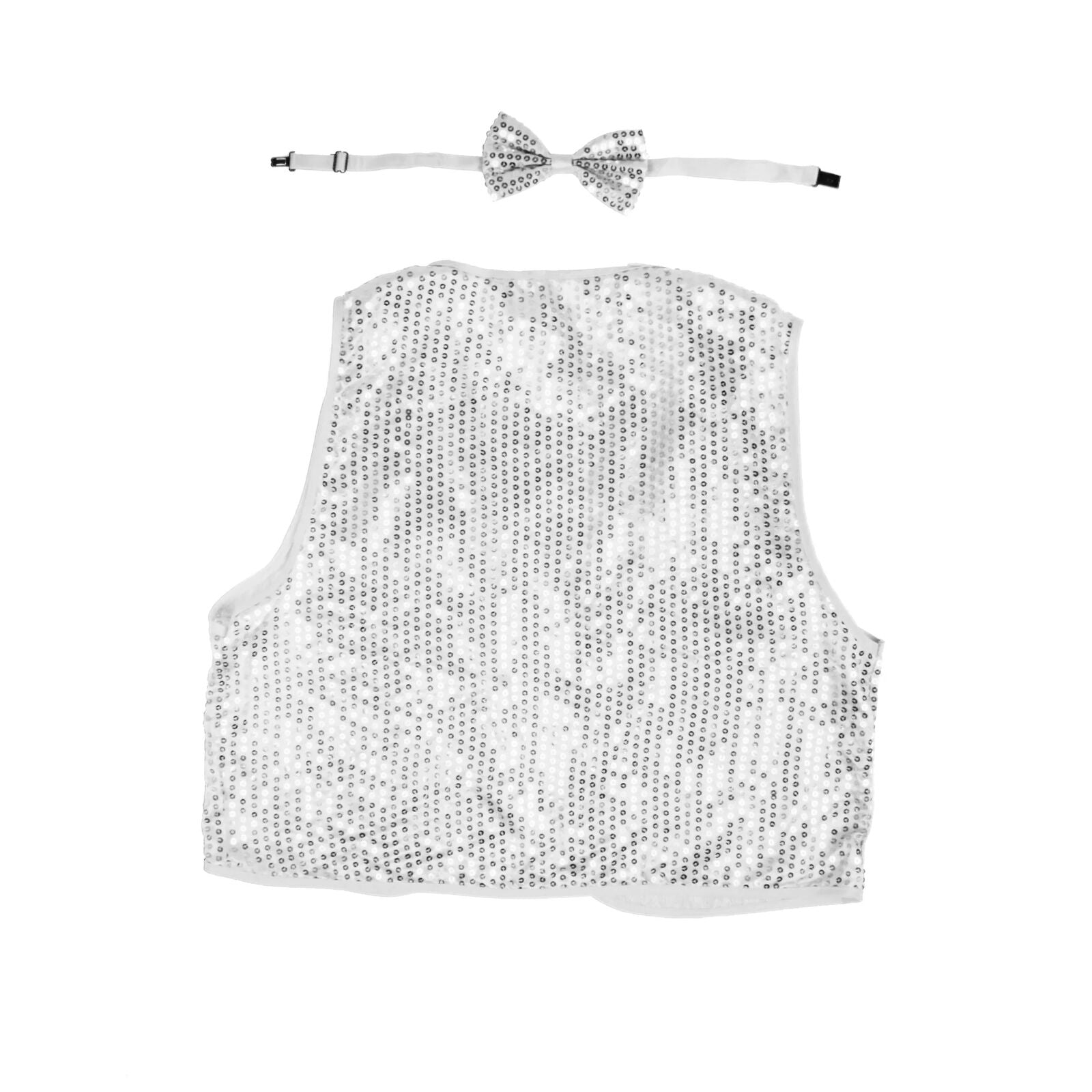 Kids Sequin Vest Bow Tie Set Costume 80s Party Dress Up Waistcoat - Silver 3