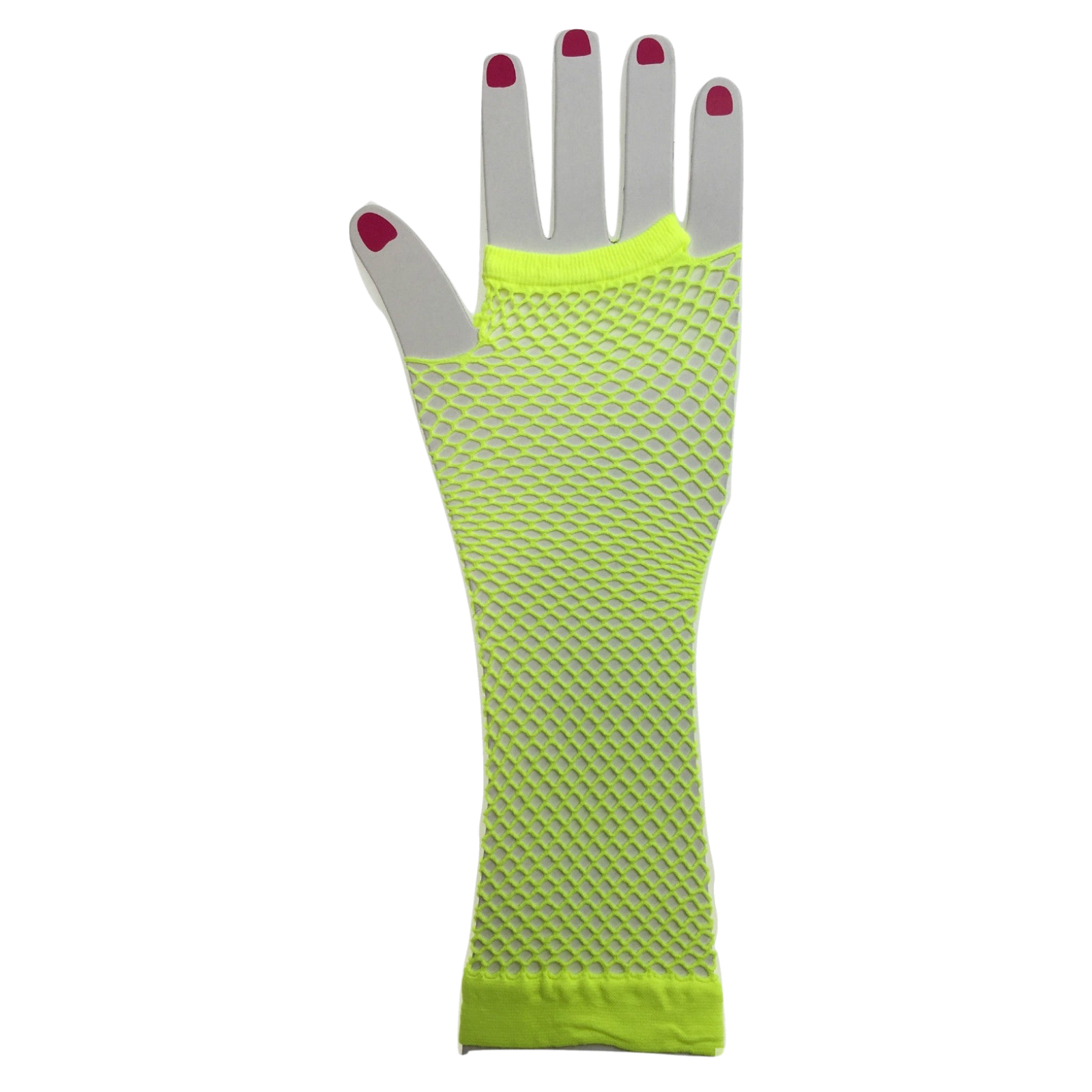 Long Elbow Length Fishnet Gloves Fingerless 70s 80s Womens Costume Party Dance in Fluro Yellow