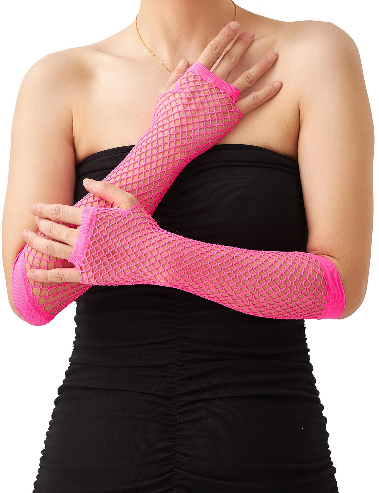Long Elbow Length Fishnet Gloves Fingerless 70s 80s Womens Costume Party Dance in Hot Pink 3