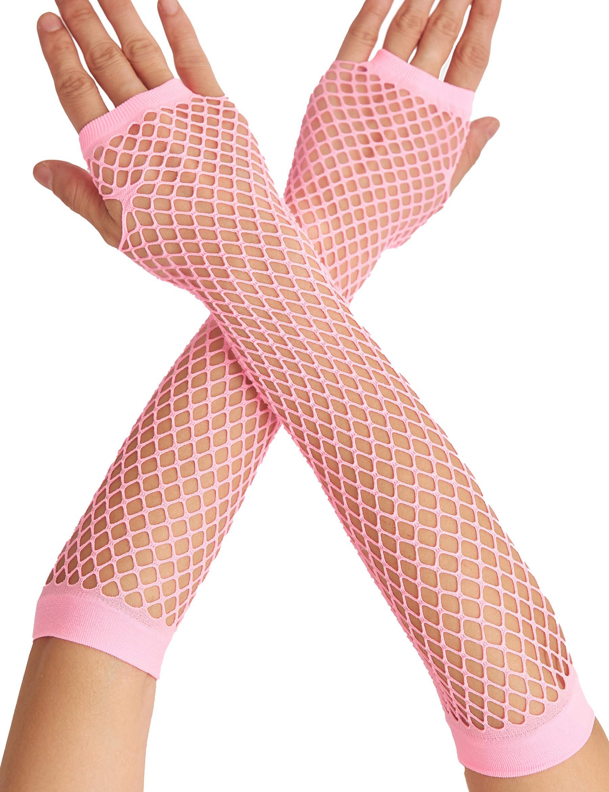Long Elbow Length Fishnet Gloves Fingerless 70s 80s Womens Costume Party Dance in Light Pink