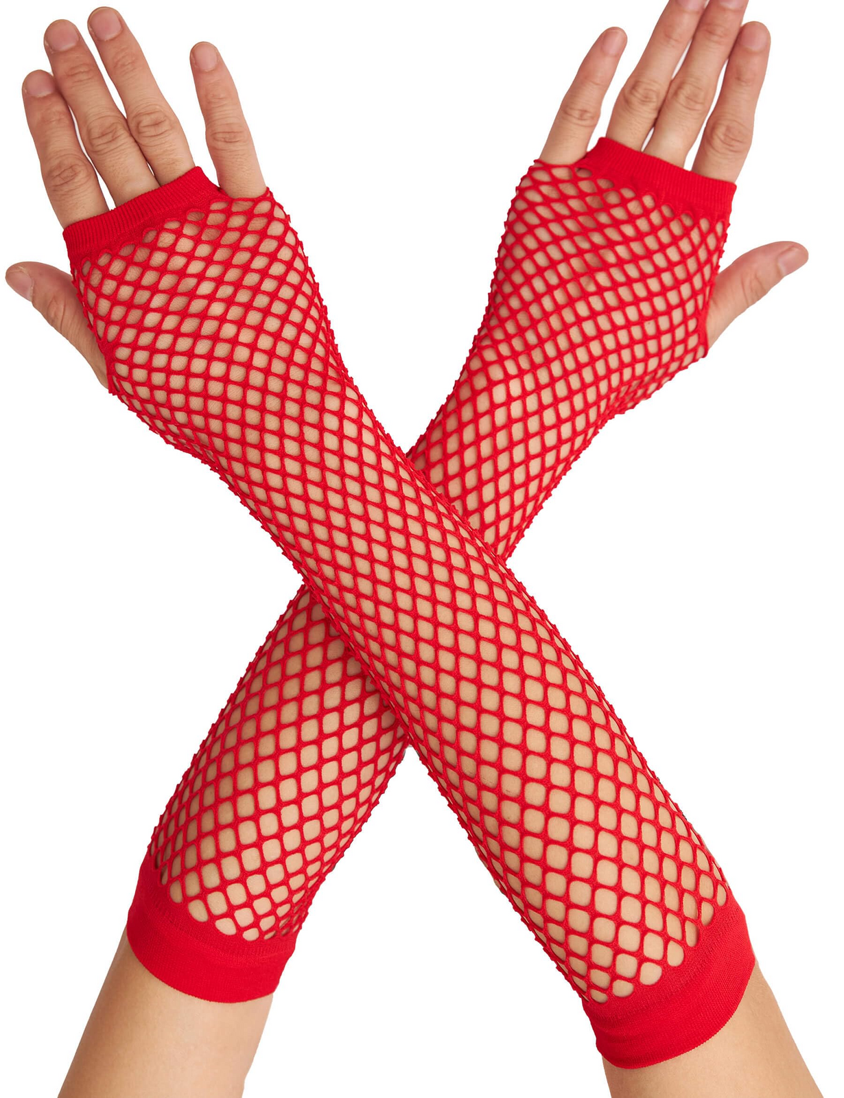 Long Elbow Length Fishnet Gloves Fingerless 70s 80s Womens Costume Party Dance in Red
