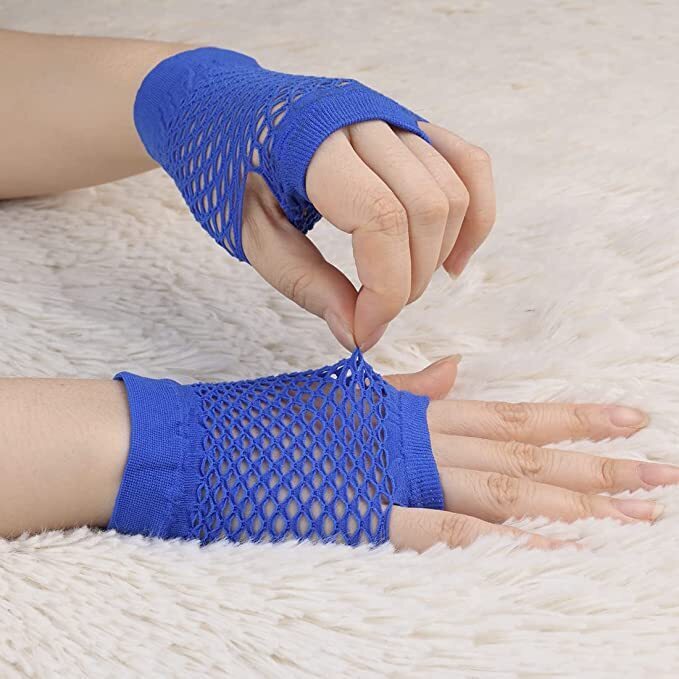 1 Pair Fishnet Gloves Fingerless Wrist Length 70s 80s Costume Party Dance - Blue 4