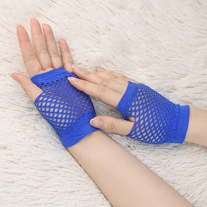 1 Pair Fishnet Gloves Fingerless Wrist Length 70s 80s Costume Party Dance - Blue 5