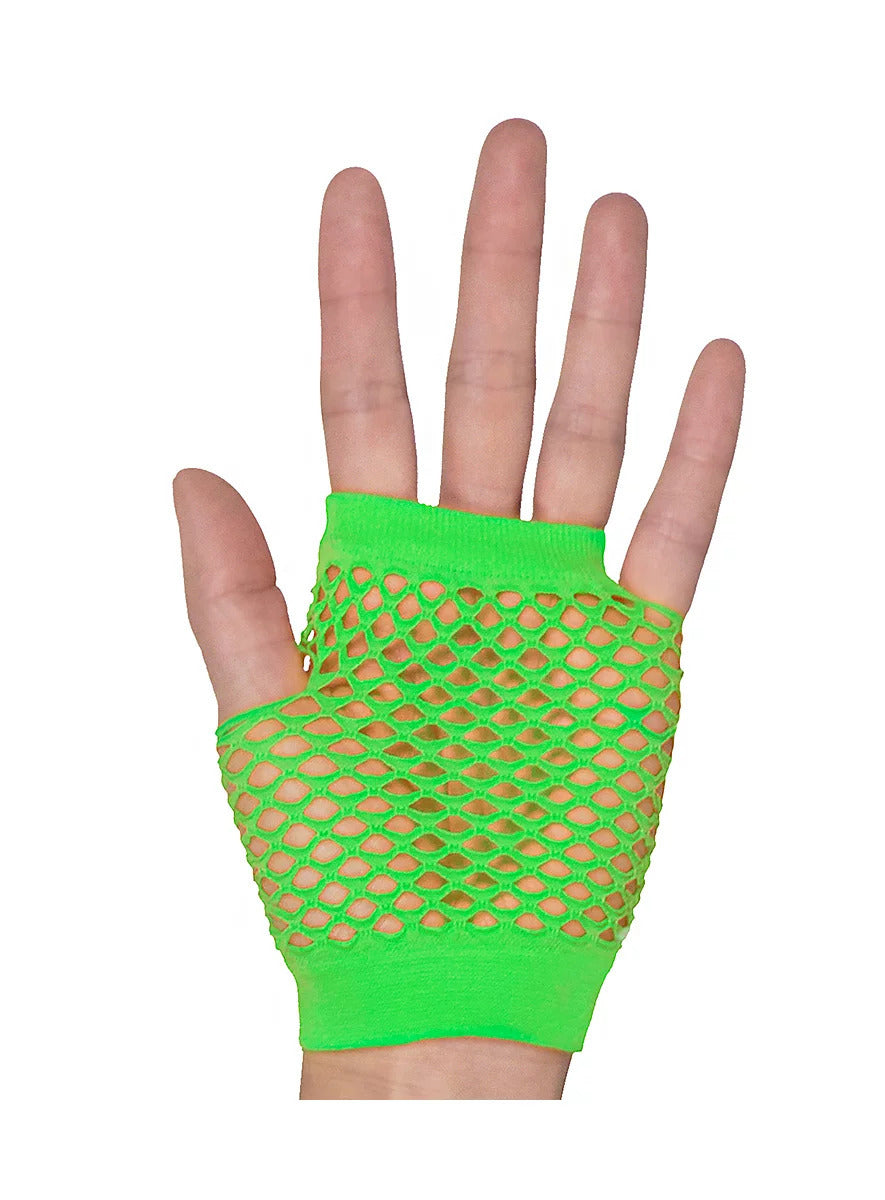 1 Pair Fishnet Gloves Fingerless Wrist Length 70s 80s Costume Party - Neon Green 4