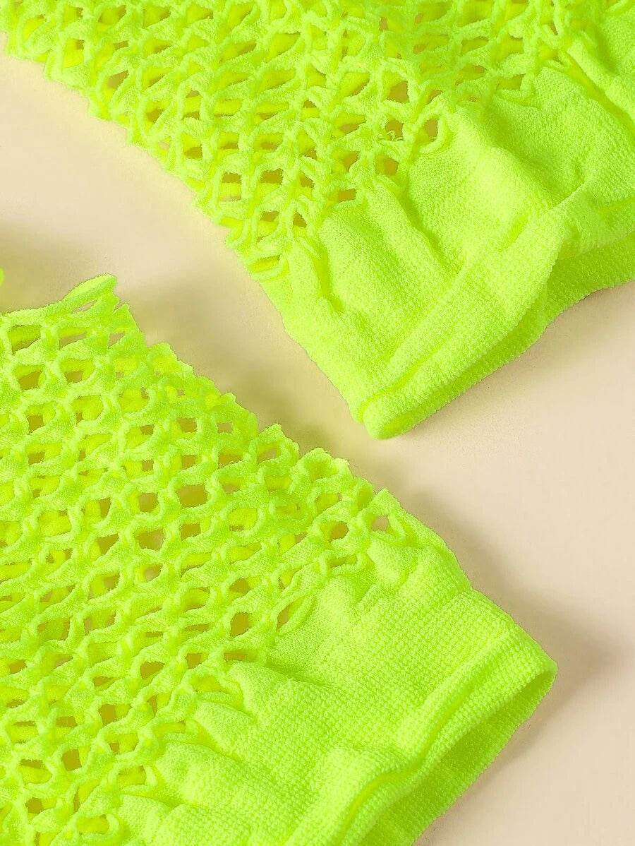 1 Pair Fishnet Gloves Fingerless Wrist Length Costume Party Dance - Fluro Yellow 3
