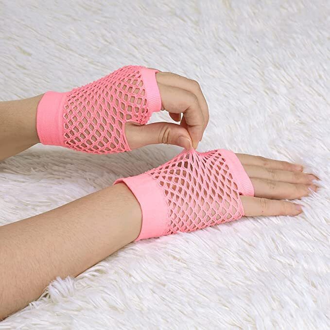 1 Pair Fishnet Gloves Fingerless Wrist Length 70s 80s Costume Party - Light Pink 4