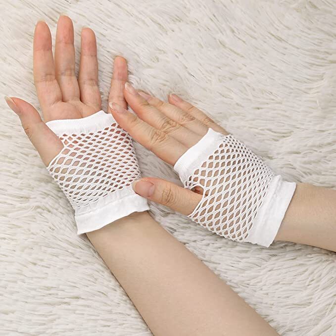 1 Pair Fishnet Gloves Fingerless Wrist Length 70s 80s Costume Party Dance -White 3