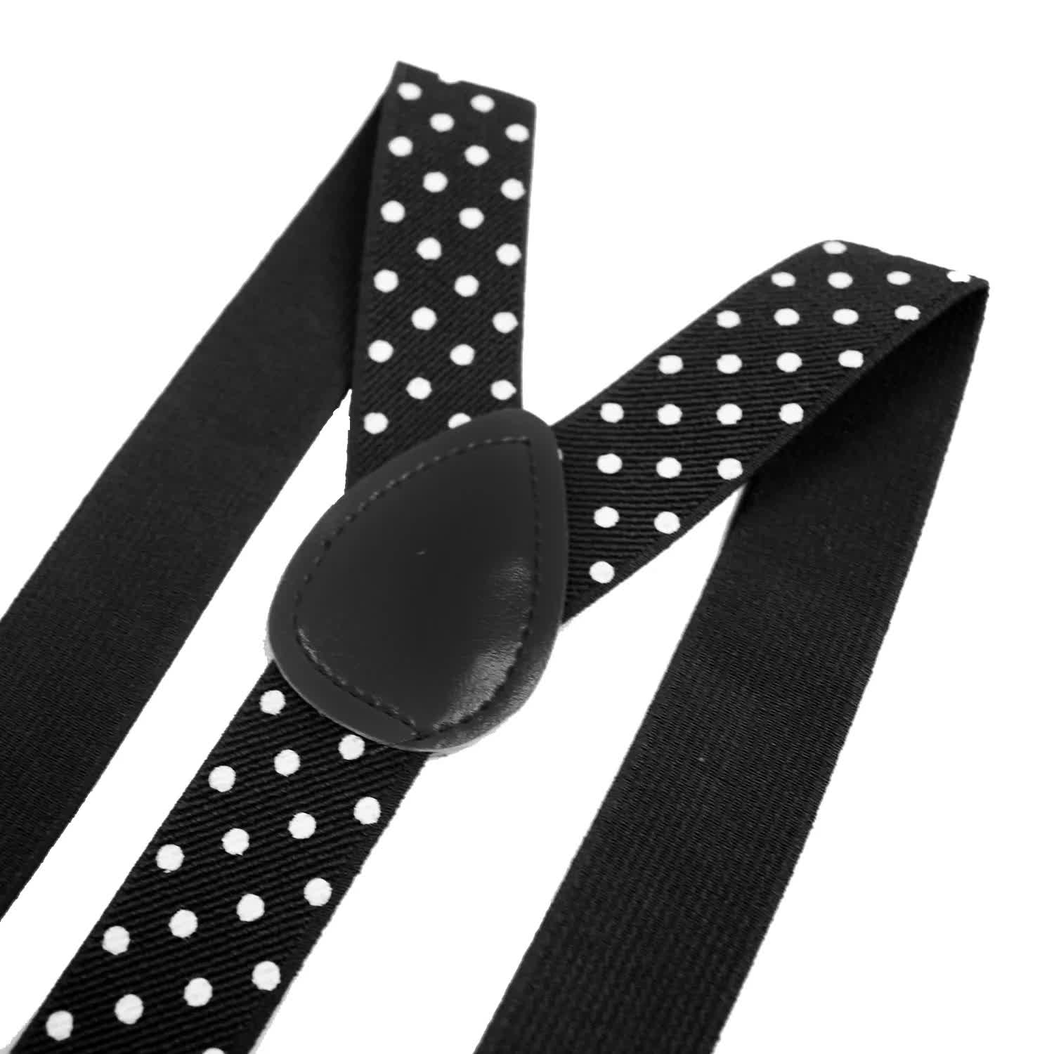 Mens Suspenders Braces Adjustable Strong Clip On Elastic Formal Wedding Slim - Black with White Polka Dot 3