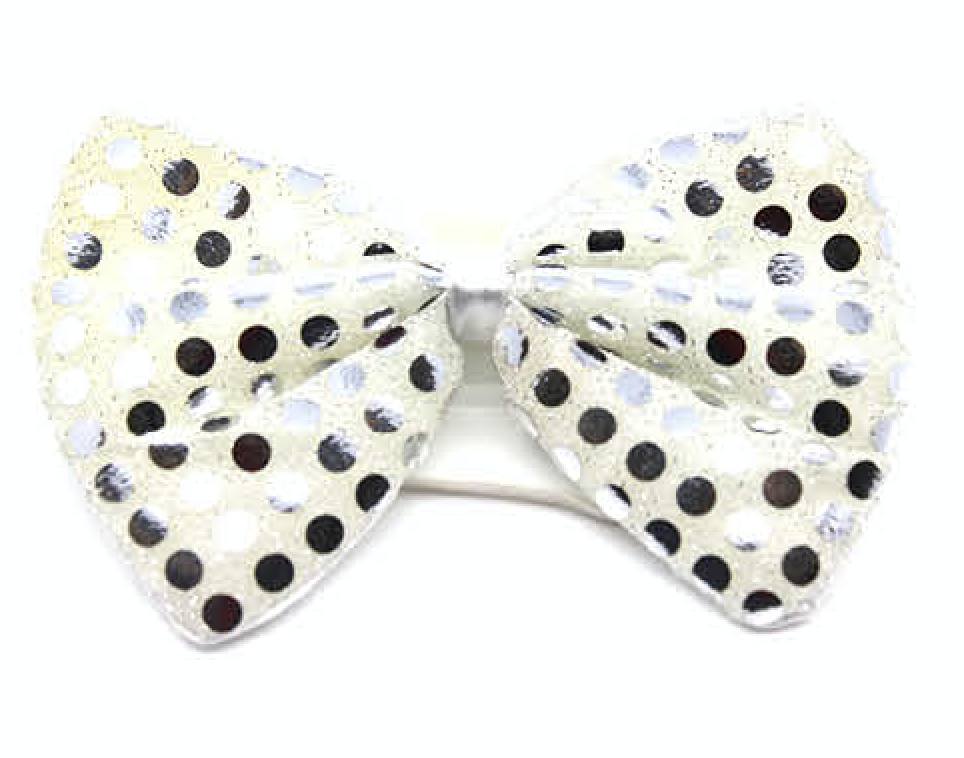 SEQUIN BOW TIE Polka Dots Bowtie Party Unisex Costume  13cm x 9cm Clown - White/Silver 3