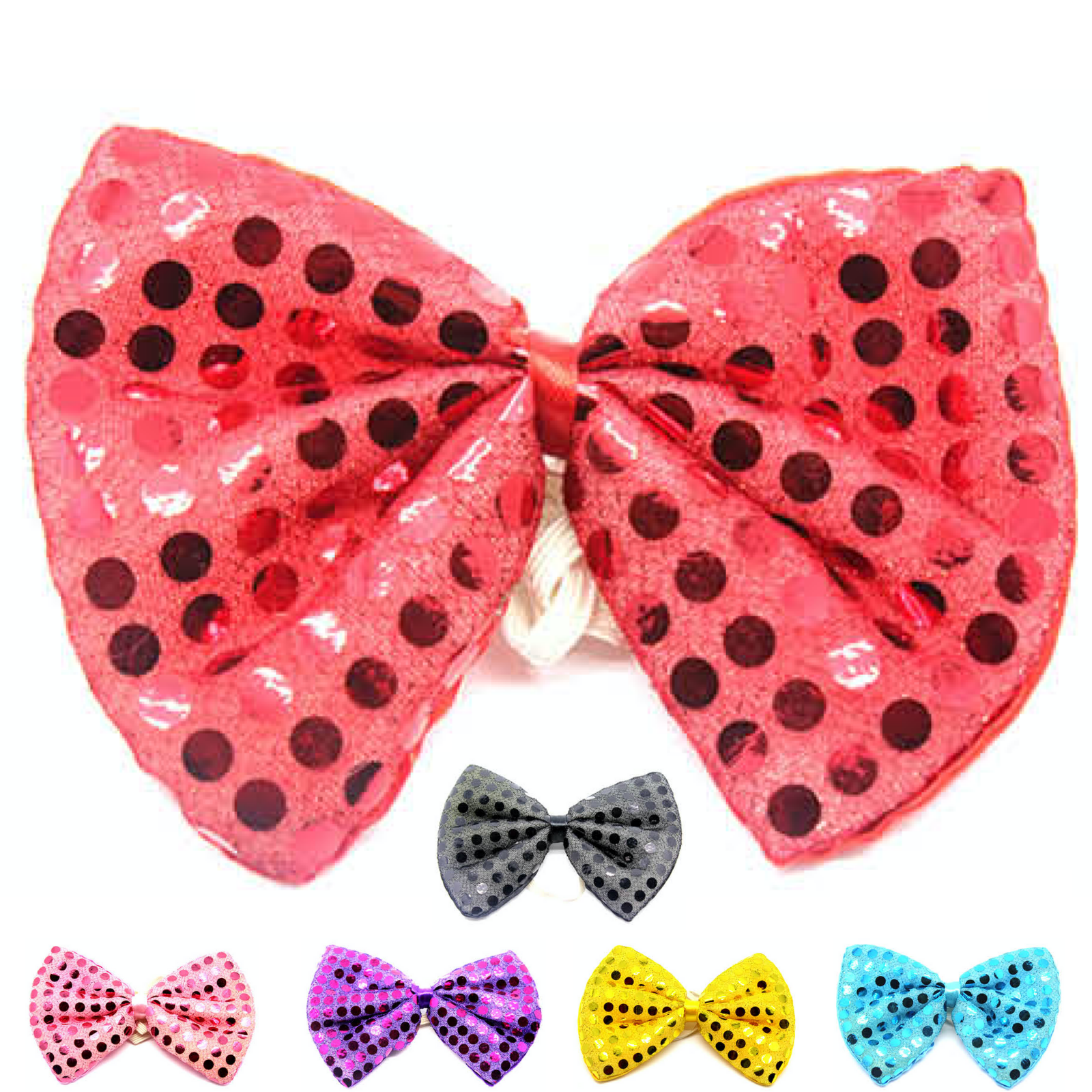 SEQUIN BOW TIE Polka Dots Bowtie Party Unisex Costume  13cm x 9cm Clown - White/Silver 4