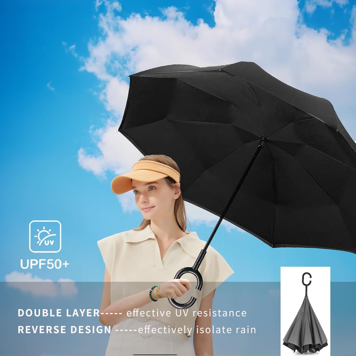Reverse Umbrella Windproof Double Layer C-Handle Inverted Folding in Black 3