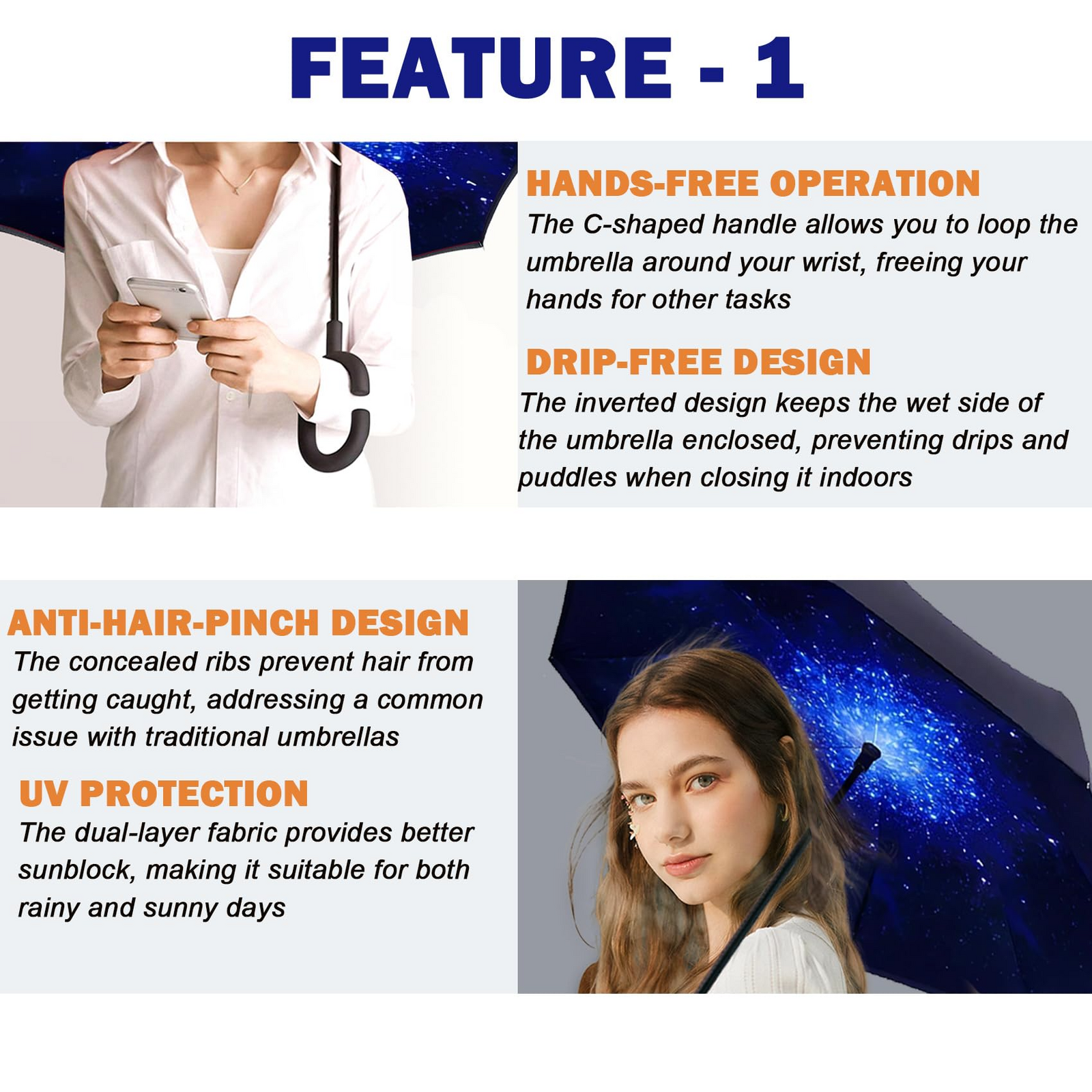 Reverse Umbrella Windproof Double Layer C-Handle Inverted Folding in Galaxy Print 3