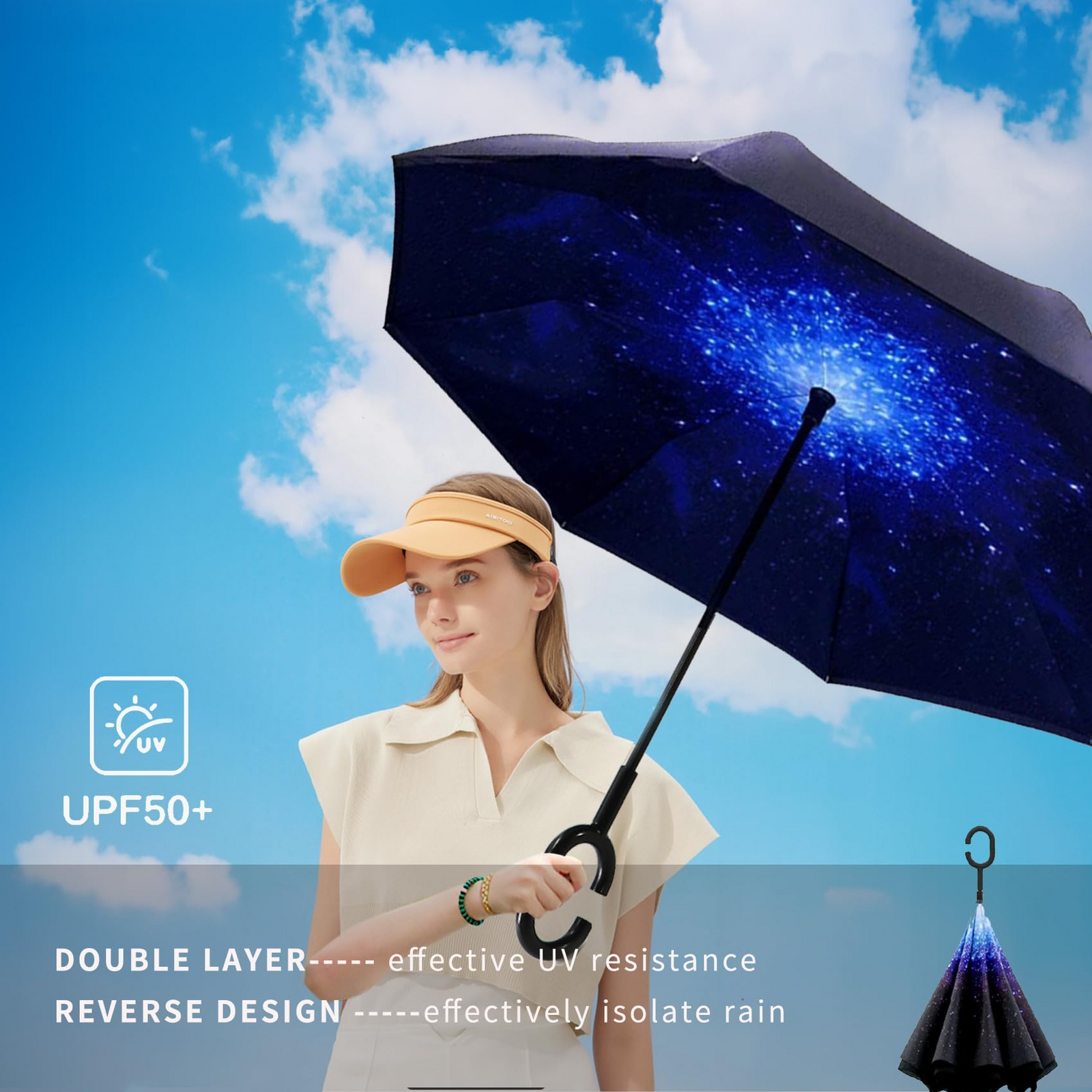 Reverse Umbrella Windproof Double Layer C-Handle Inverted Folding in Galaxy Print 5