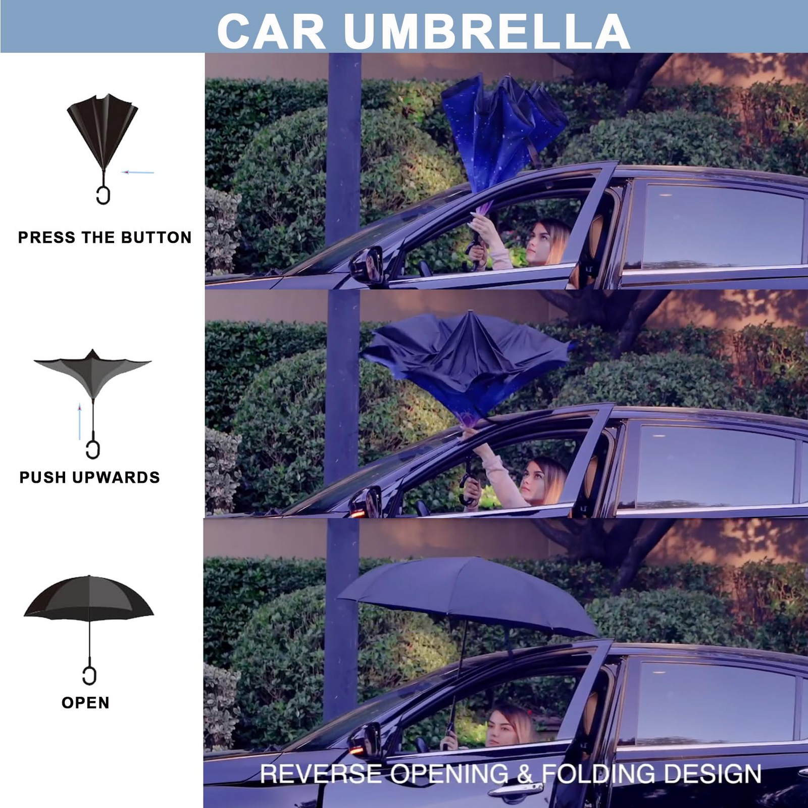 Reverse Umbrella Windproof Double Layer C-Handle Inverted Folding in Galaxy Print 6