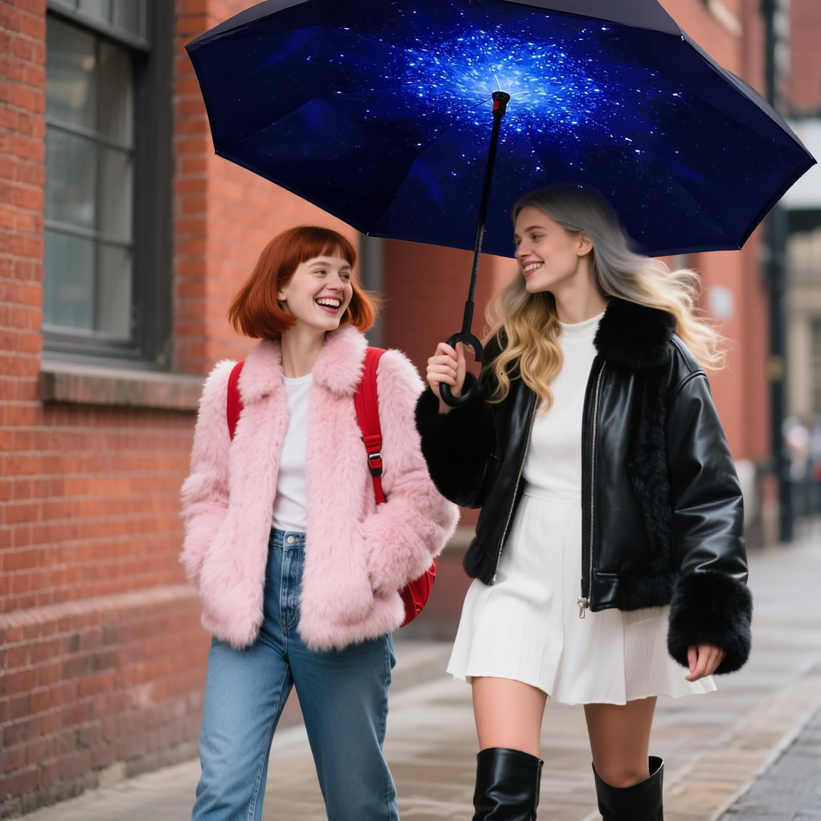 Reverse Umbrella Windproof Double Layer C-Handle Inverted Folding in Galaxy Print 7