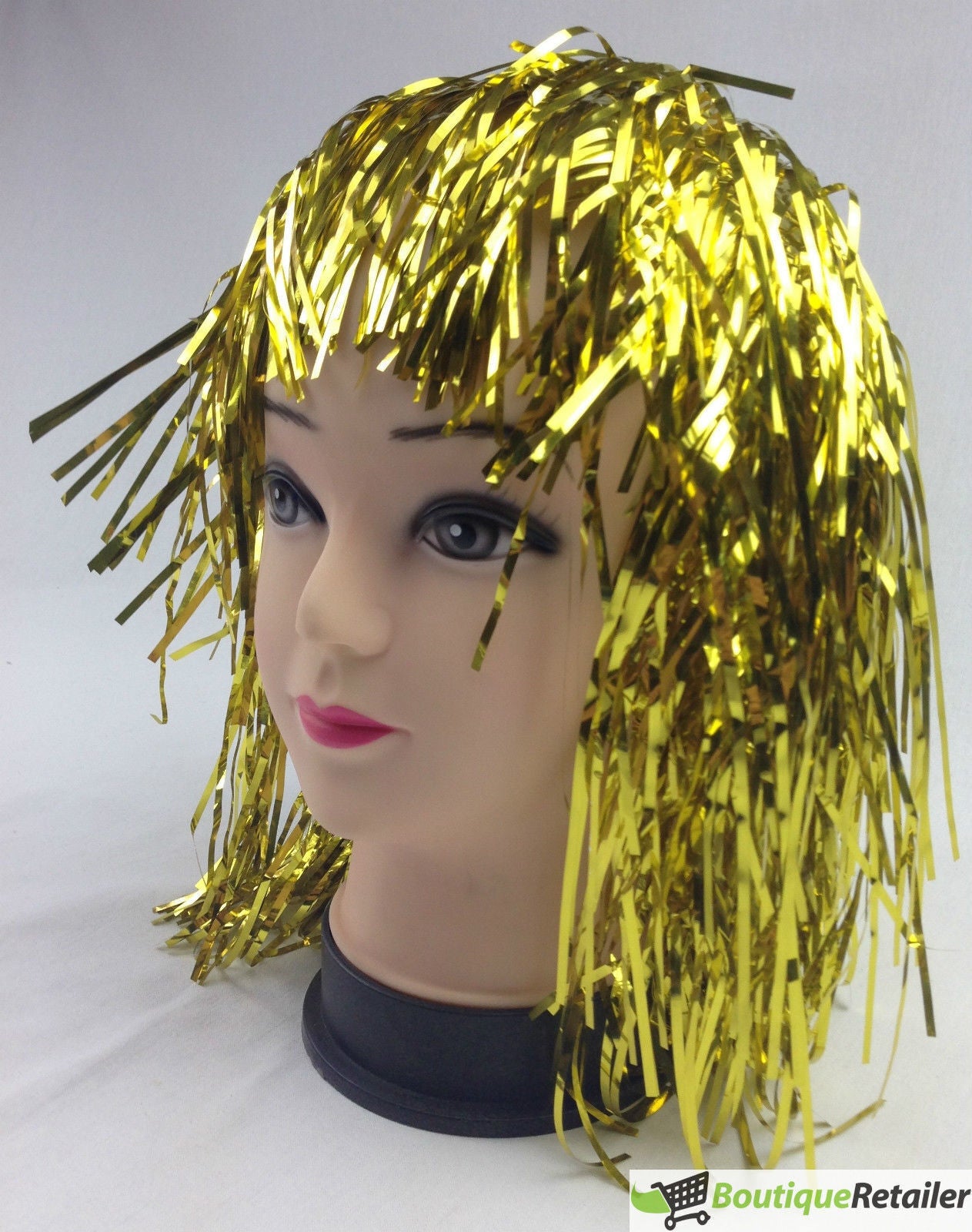 Tinsel Metallic Wig 70s 50s 20s Costume Mens Womens Unisex Disco Fancy Dress Up - Gold/Yellow 3