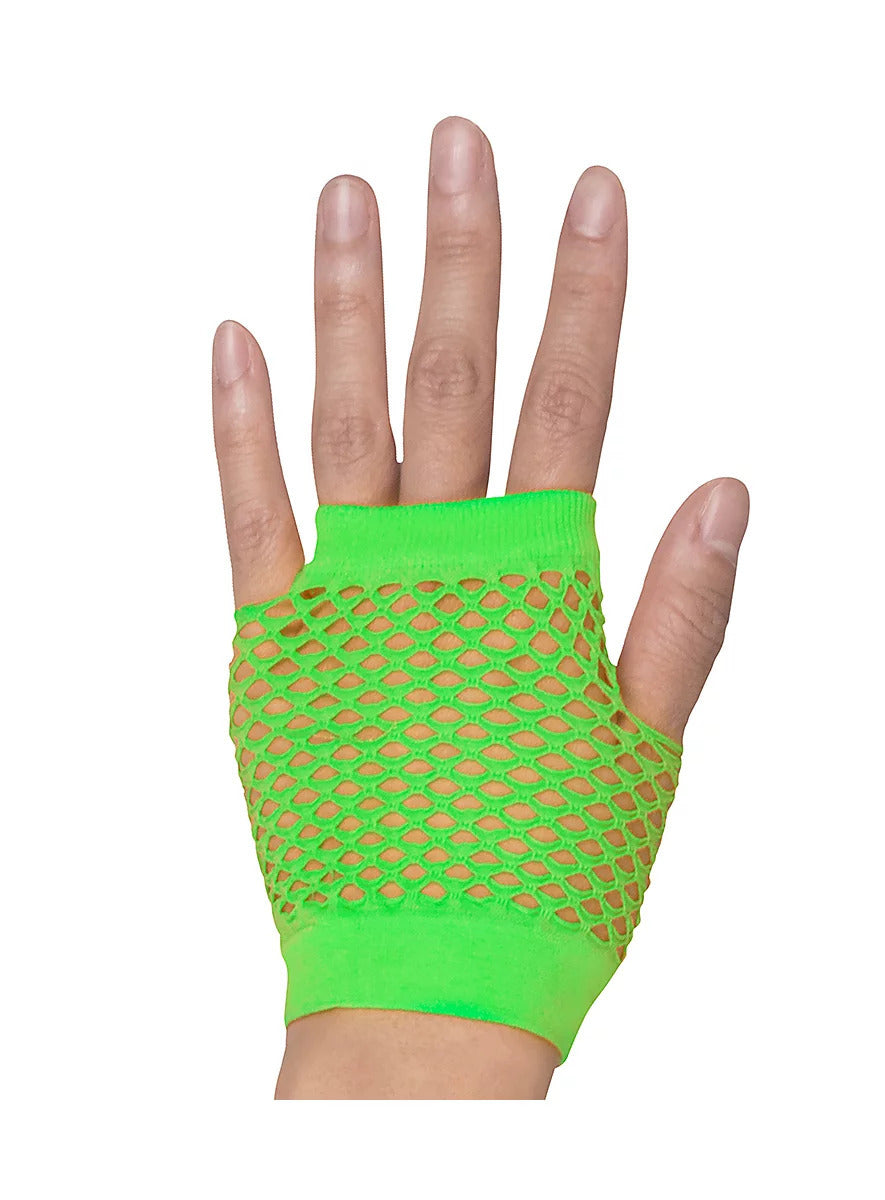 24 Pair Fishnet Gloves Fingerless Wrist Length 70s 80s Costume Party Fluro Green 3