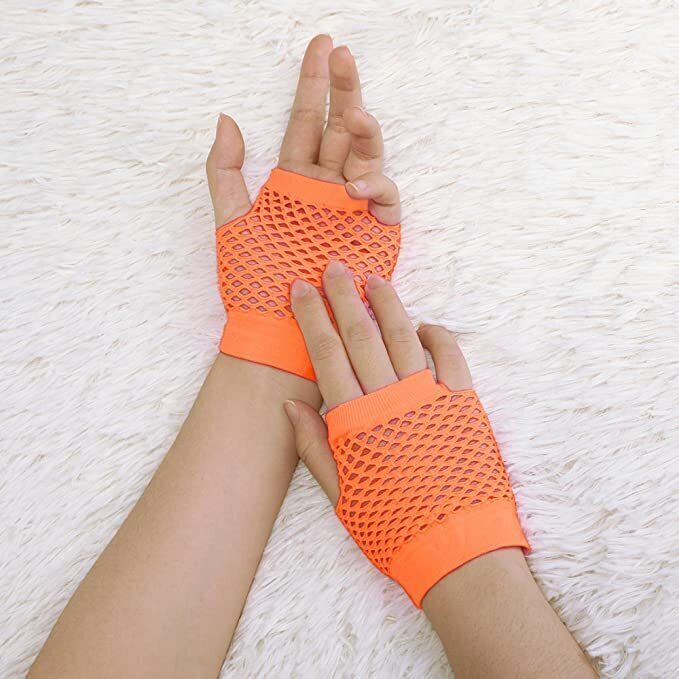 24 Pair Fishnet Gloves Fingerless Wrist Length 70s 80s Costume Party - Orange 3
