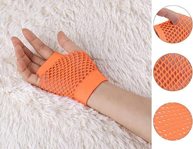 24 Pair Fishnet Gloves Fingerless Wrist Length 70s 80s Costume Party - Orange 5