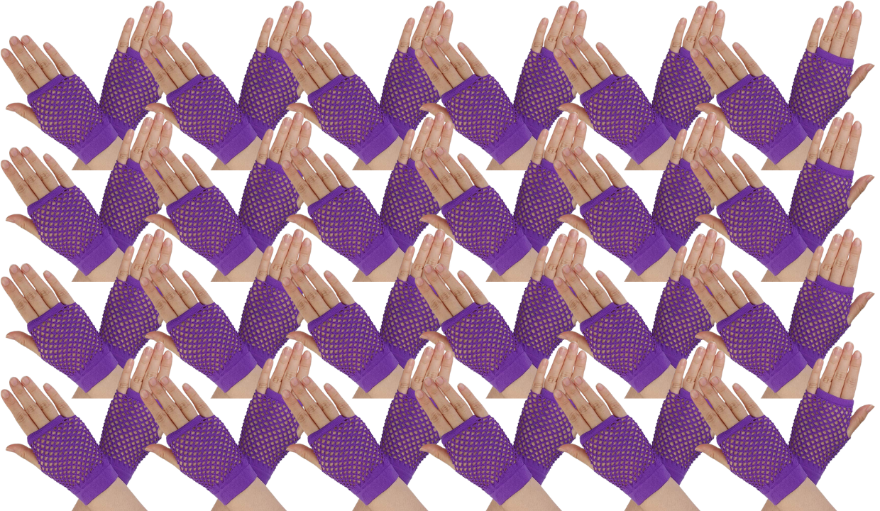 24 Pair Fishnet Gloves Fingerless Wrist Length 70s 80s Costume Party - Purple