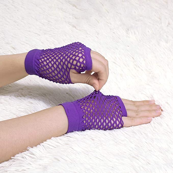 24 Pair Fishnet Gloves Fingerless Wrist Length 70s 80s Costume Party - Purple 3