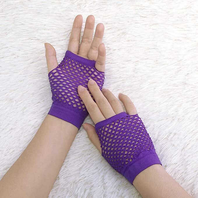 24 Pair Fishnet Gloves Fingerless Wrist Length 70s 80s Costume Party - Purple 4