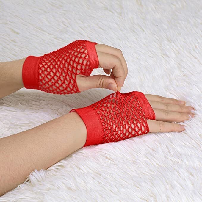 24 Pair Fishnet Gloves Fingerless Wrist Length 70s 80s Costume Party Bulk - Red 4