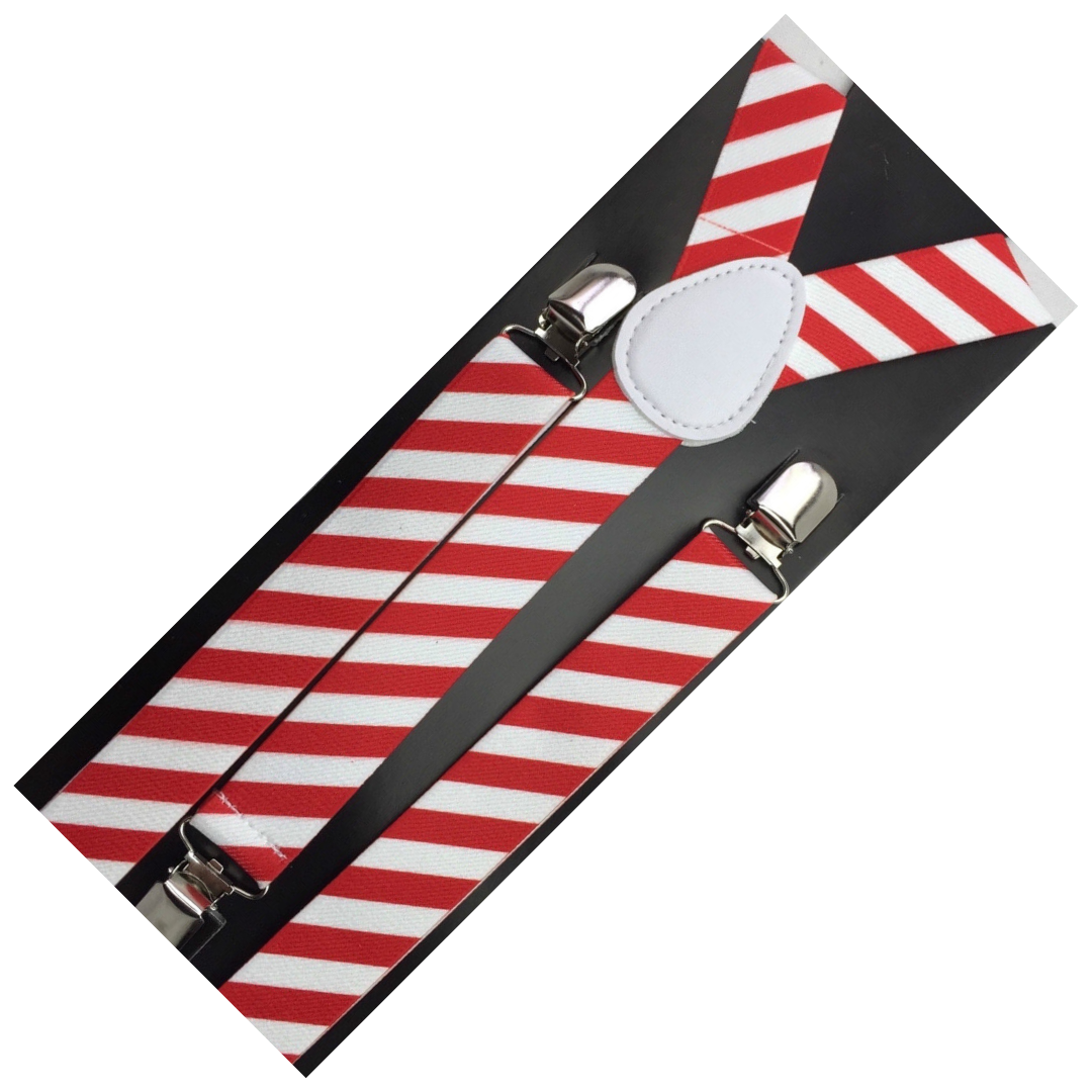 2x Mens Suspenders Braces Adjustable Strong Clip On Elastic Formal Wedding Slim - Red/White Diagonal Stripes 3