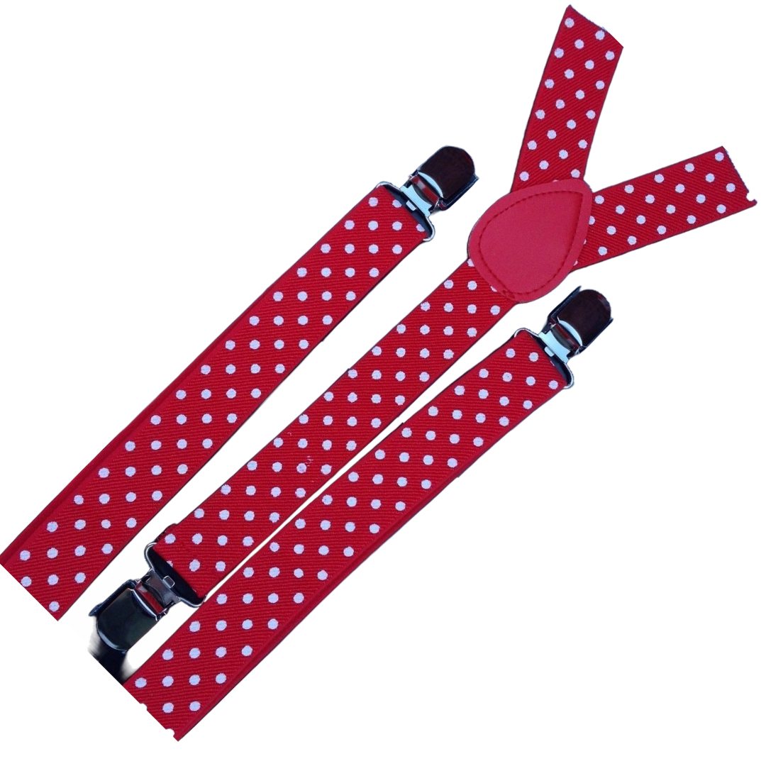 2x Mens Suspenders Braces Adjustable Strong Clip On Elastic Formal Wedding Slim - Red with White Polka Dot 3