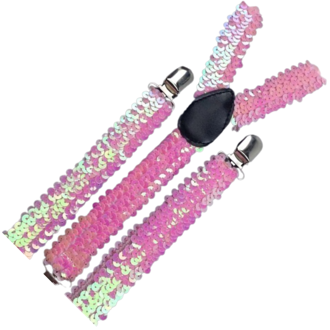 2x Mens Suspenders Braces Adjustable Strong Clip On Elastic Formal Wedding Slim - Light Pink (Sequin) 3