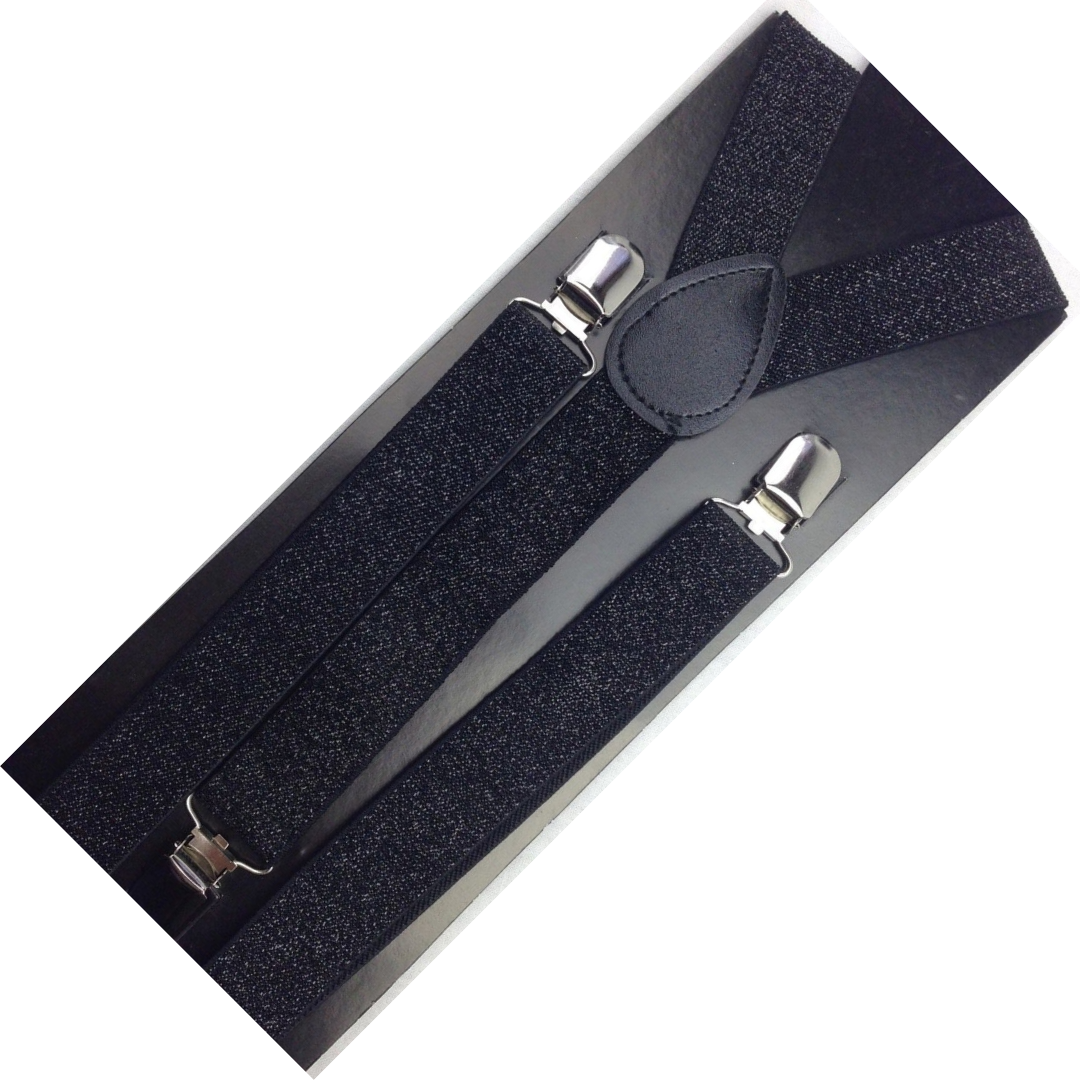2x Mens Suspenders Braces Adjustable Strong Clip On Elastic Formal Wedding Slim - Black (Glitter) 3