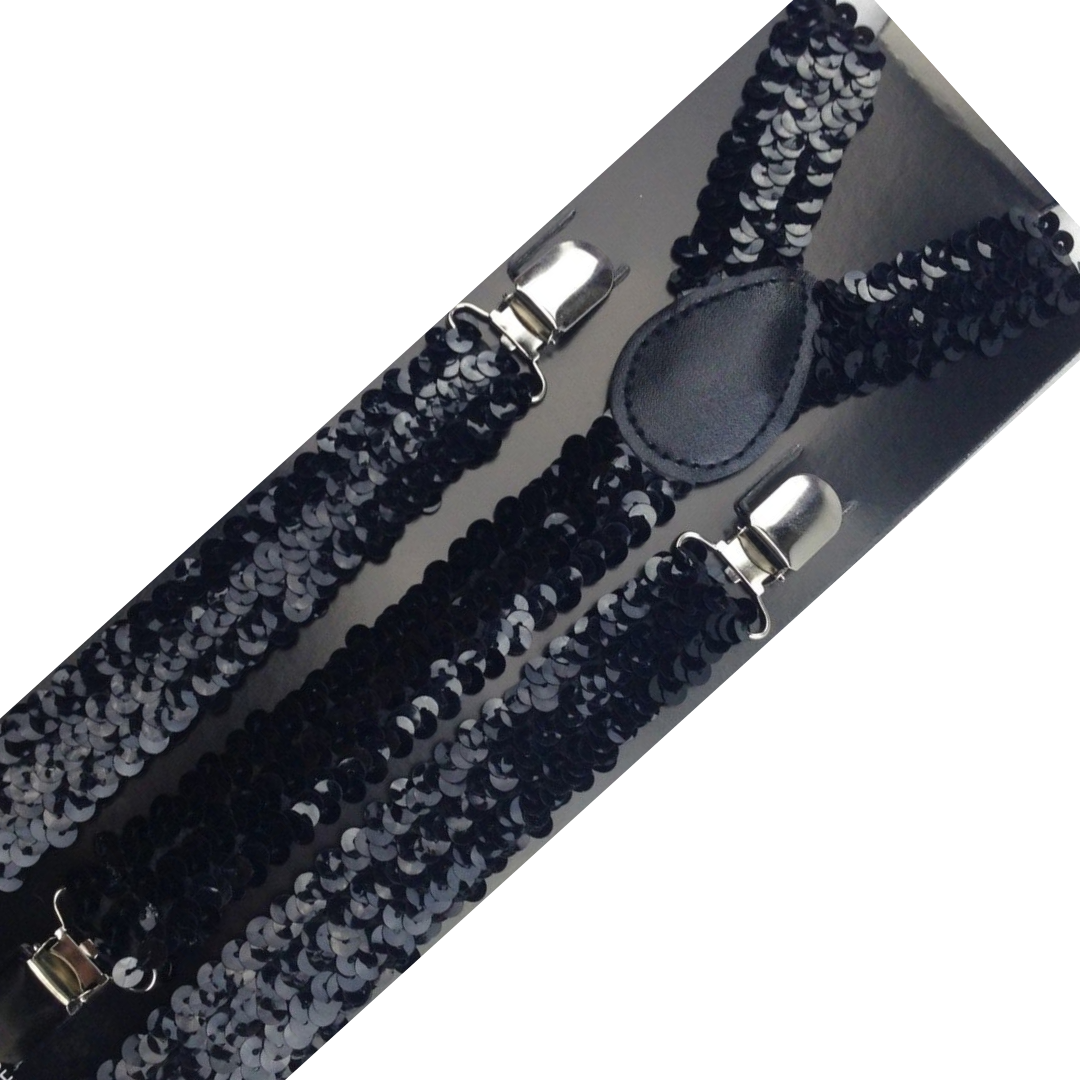 2x Mens Suspenders Braces Adjustable Strong Clip On Elastic Formal Wedding Slim - Black (Sequin) 3
