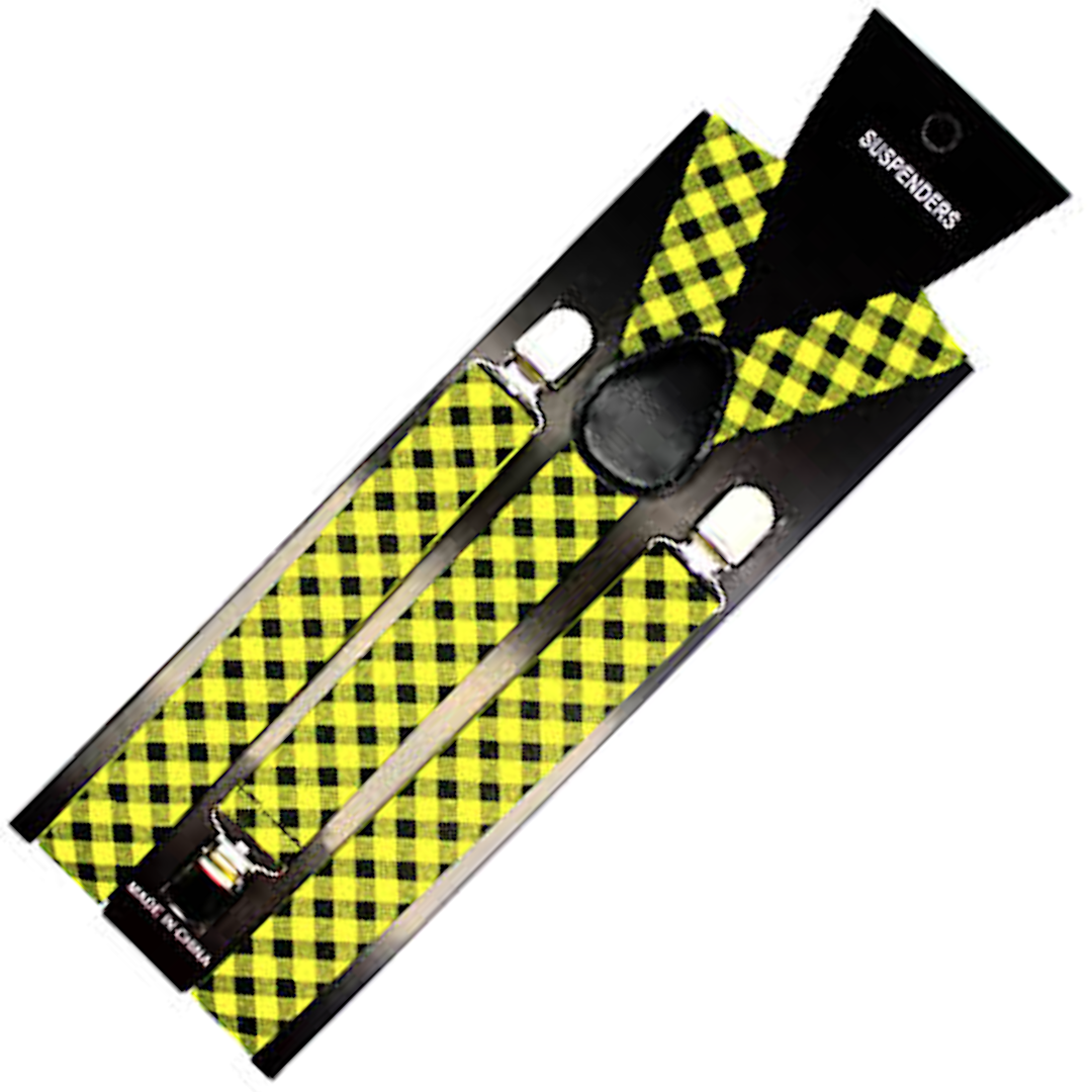 2x Mens Suspenders Braces Adjustable Strong Clip On Elastic Formal Wedding Slim - Black/Yellow Check 3