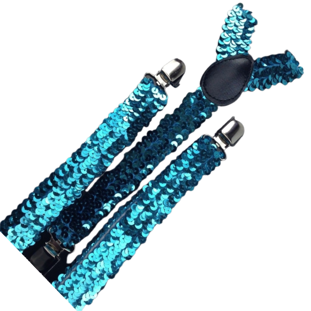 2x Mens Suspenders Braces Adjustable Strong Clip On Elastic Formal Wedding Slim - Blue (Sequin) 3