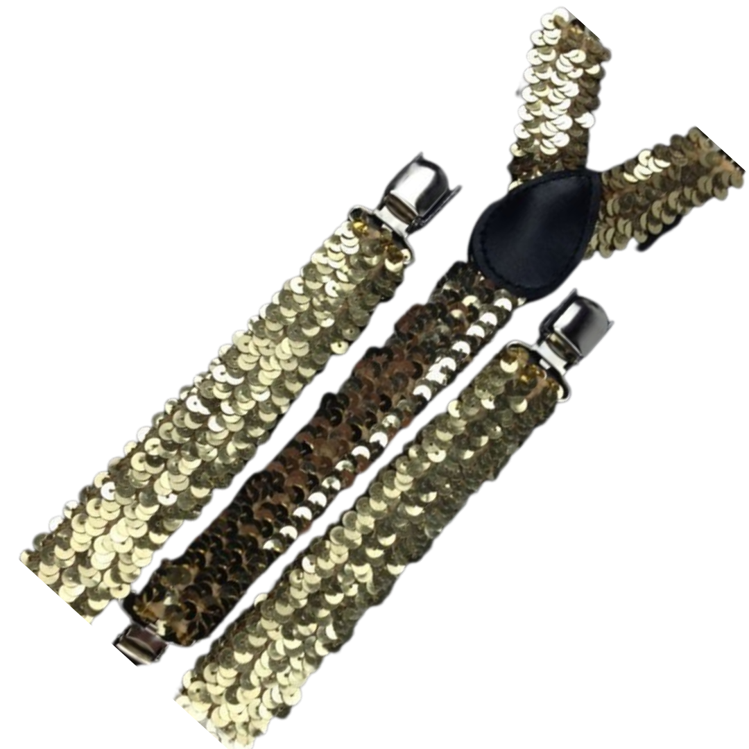 2x Mens Suspenders Braces Adjustable Strong Clip On Elastic Formal Wedding Slim - Gold (Sequin) 3
