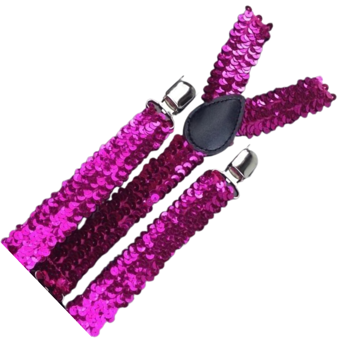 2x Mens Suspenders Braces Adjustable Strong Clip On Elastic Formal Wedding Slim - Hot Pink (Sequin) 3