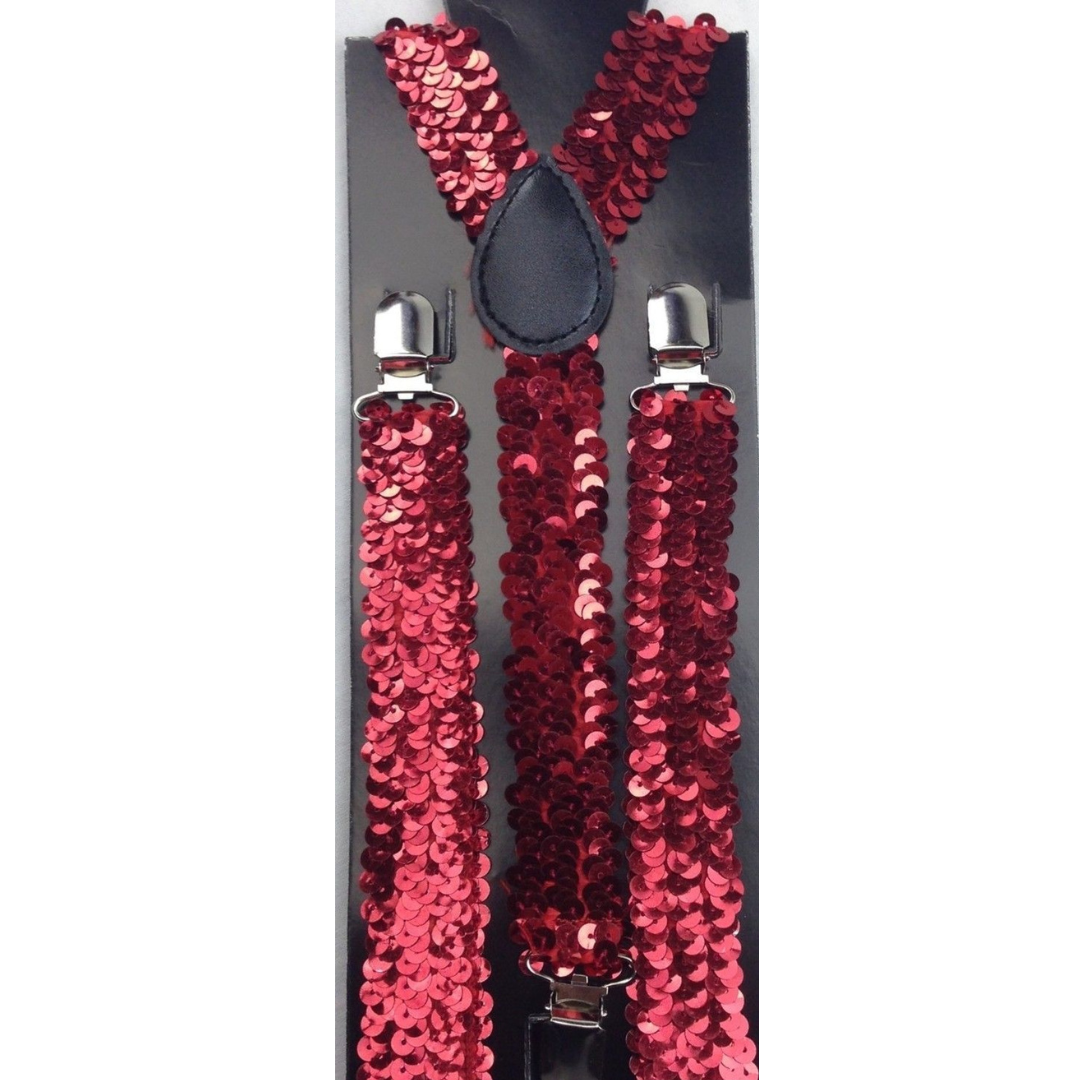 2x Mens Suspenders Braces Adjustable Strong Clip On Elastic Formal Wedding Slim - Red (Sequin) 3