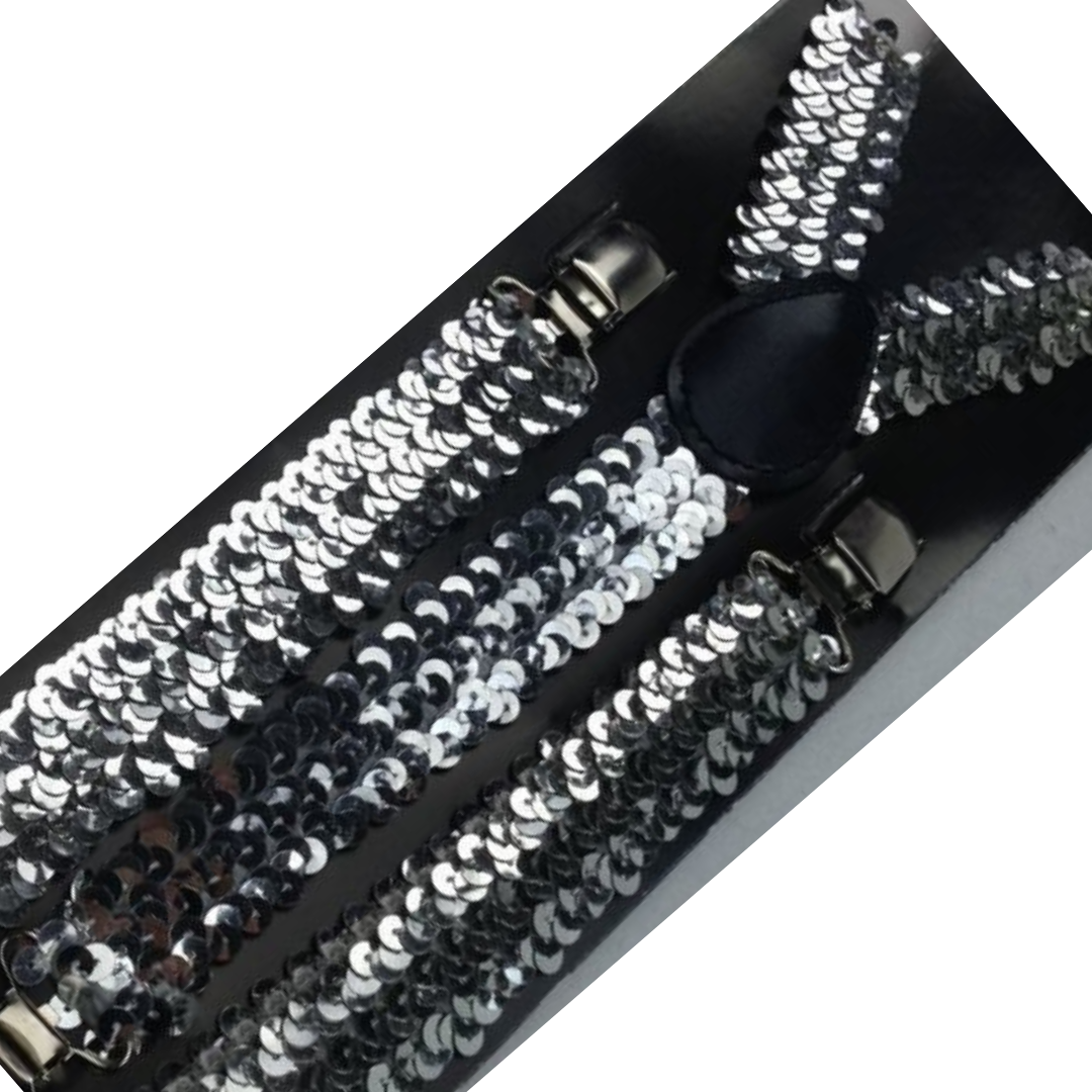 2x Mens Suspenders Braces Adjustable Strong Clip On Elastic Formal Wedding Slim - Silver (Sequin) 3
