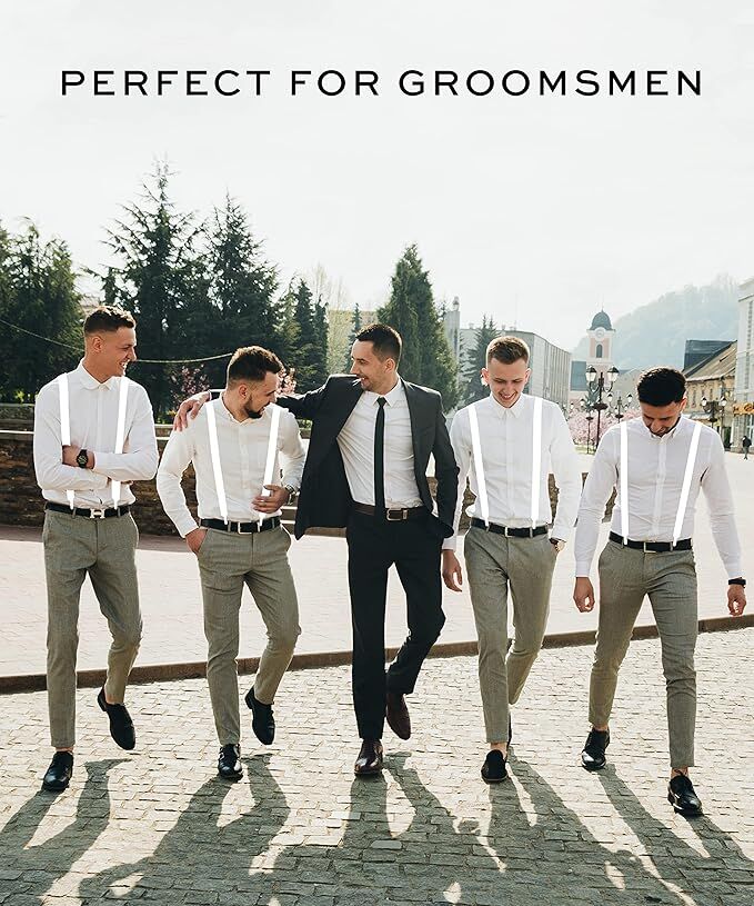 2x Mens Suspenders Braces Adjustable Strong Clip On Elastic Formal Wedding Slim - White 4