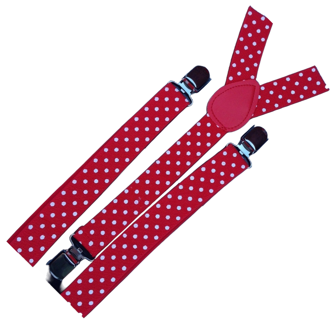 3x Mens Suspenders Braces Adjustable Strong Clip On Elastic Formal Wedding Slim - Red with White Polka Dot 3