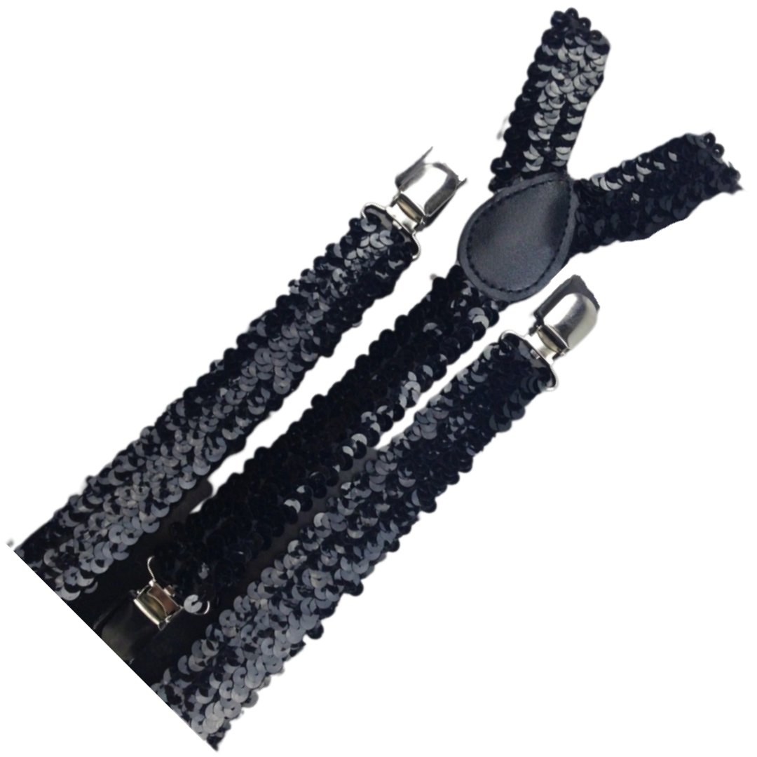 3x Mens Suspenders Braces Adjustable Strong Clip On Elastic Formal Wedding Slim - Black (Sequin) 3