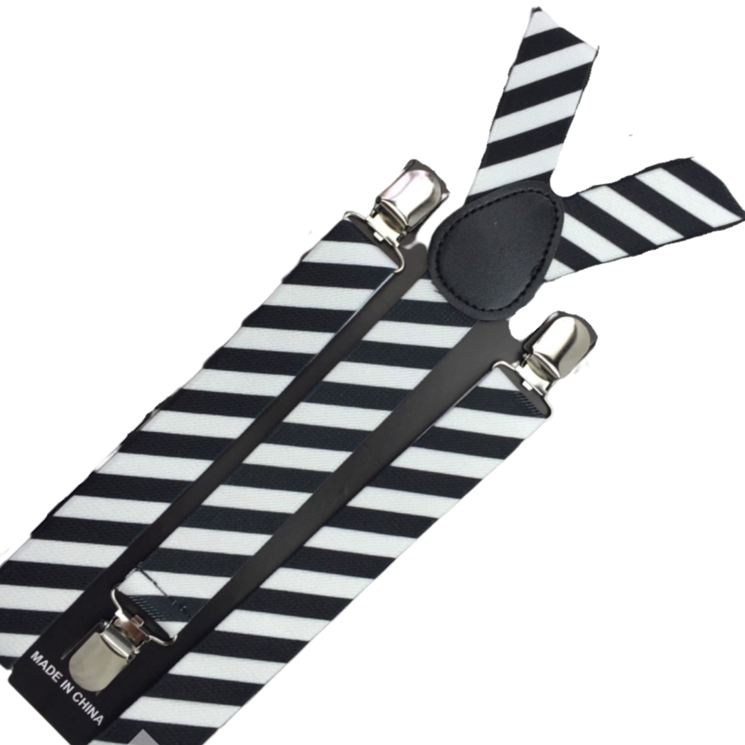 3x Mens Suspenders Braces Adjustable Strong Clip On Elastic Formal Wedding Slim - Black/White Diagonal Stripes 3